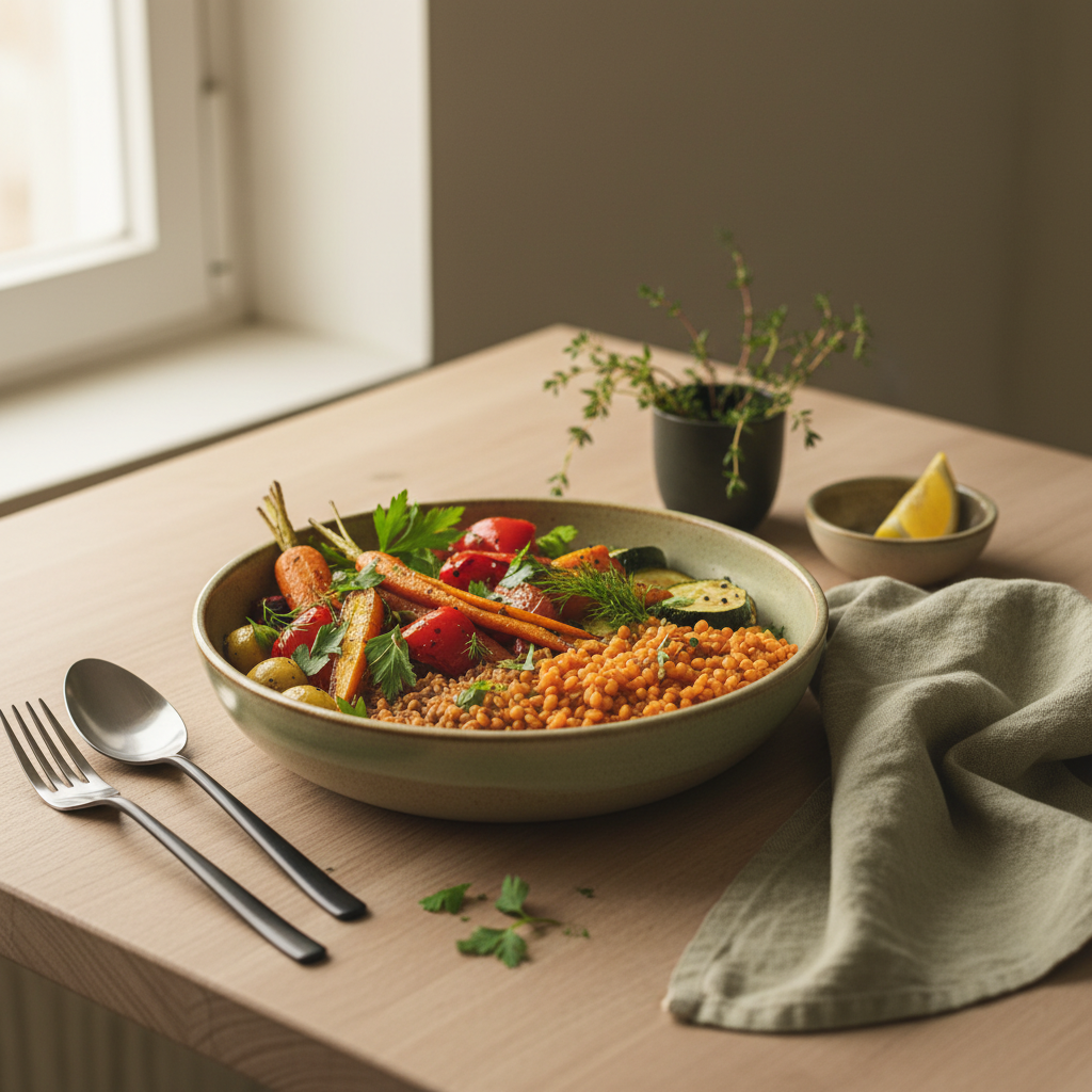 herzgesundes Mittagessen: Teller mit Ofengemüse, roten Linsen und frischen Kräutern vor minimalistischem Hintergrund in Markenfarben #dbdbcf, #a5cd8d, #21431f