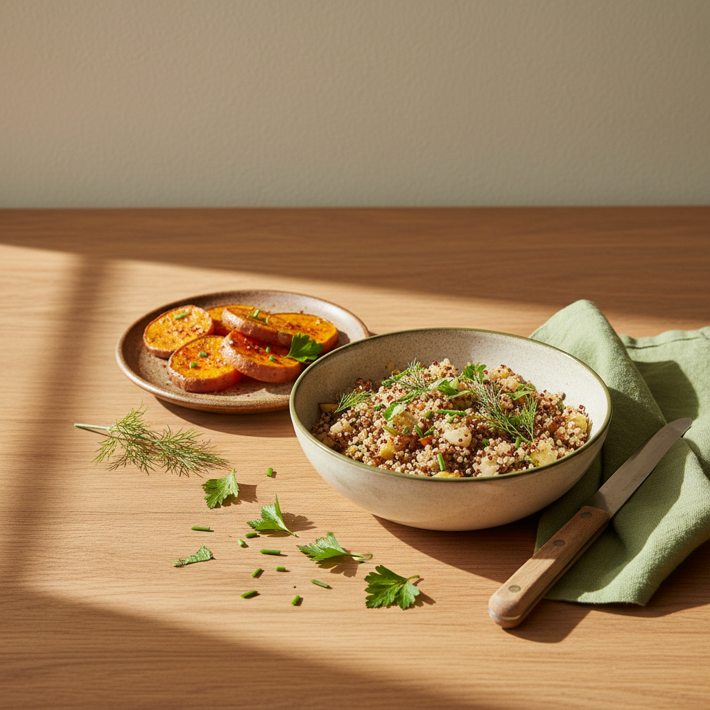 Was gibt es Gutes zum Mittagessen? Quinoa-Gemüseschale und geröstete Süßkartoffel auf warmem Holztisch, dezente Markenfarben #a5cd8d und Hintergrund #dbdbcf