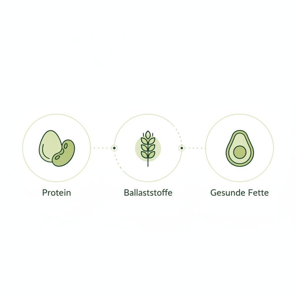Minimalistische 2D-Vektor-Infografik mit Icons für Protein, Ballaststoffe und gesunde Fette in Markenfarben als gesunder Mittagssnack