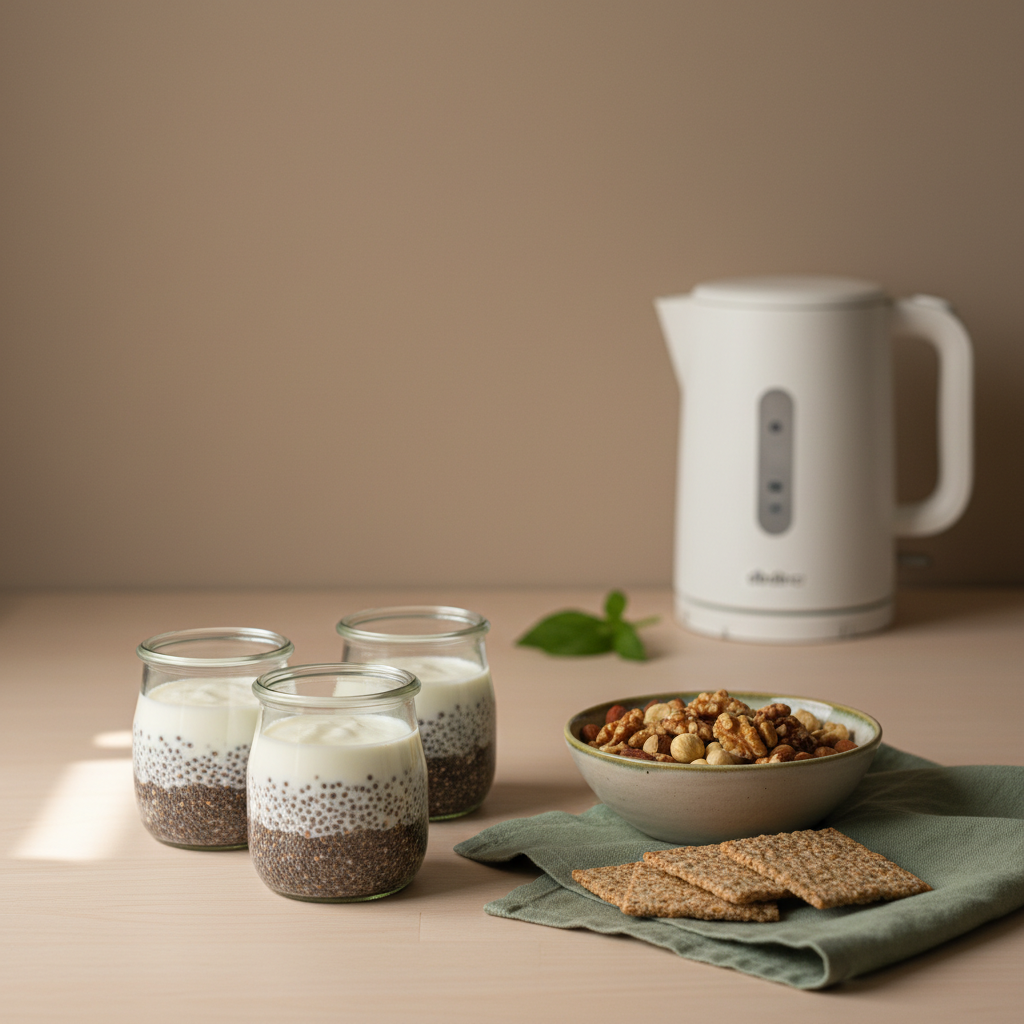 Vollbild eines minimalistischen, heimischen Snack-Tableaus mit Joghurt-Chia, gemischten Nüssen, Vollkorncrackern und Wasserkocher – gesunder Mittagssnack in warmer, aufgeräumter Küche.