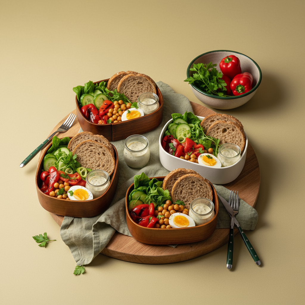 Minimalistisches Fullframe-Foto eines gesunden Mittagessens für die Arbeit in Lunchboxen auf #dbdbcf Hintergrund, frische Zutaten, Akzente #a5cd8d und #21431f, warme Lichtstimmung