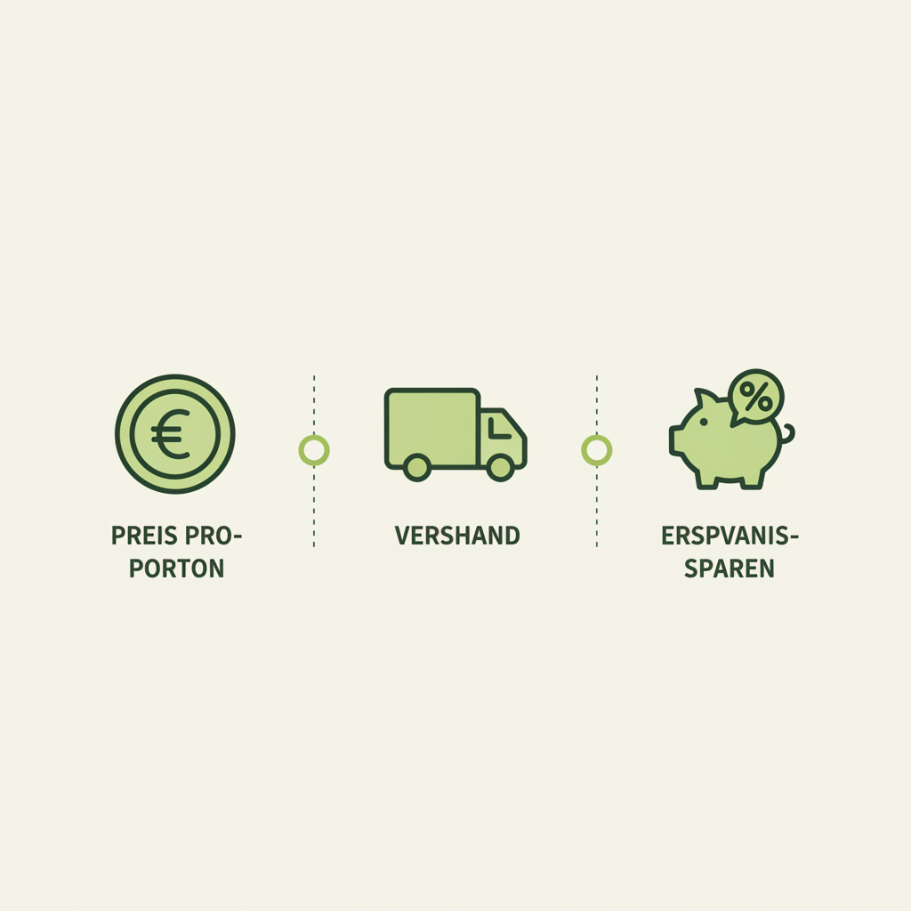 Minimalistische 2D-Vektor-Infografik mit drei Icons für Preis pro Portion, Versand und Ersparnis in Schnell Lecker Farben, HelloFresh Preis pro Portion im Fokus.