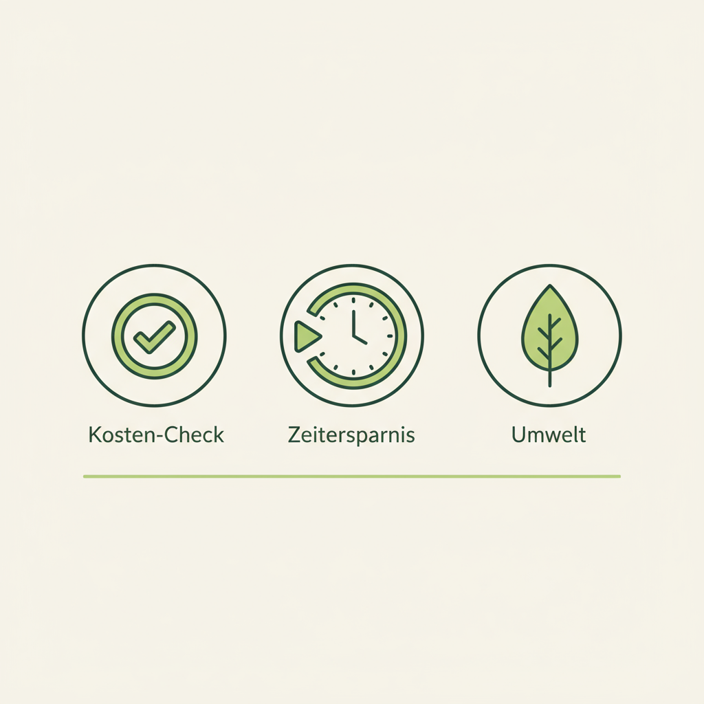 Minimalistische Infografik mit drei Vektor-Icons zu Kosten, Zeitersparnis und Umwelt in Schnell Lecker Farben, symbolischer HelloFresh Preis Vergleich