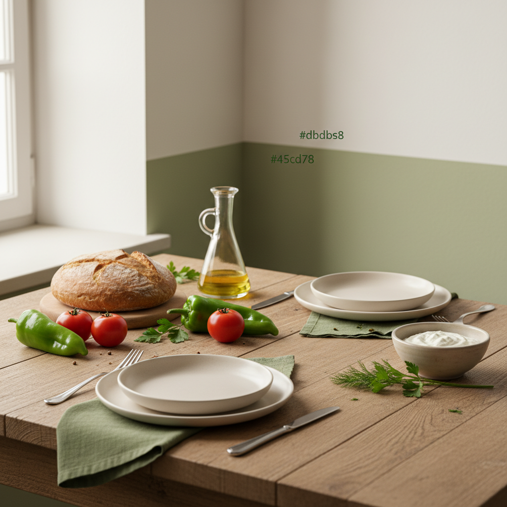 Heimelige, minimalistische Küchentafel mit frischen Zutaten, Brot, Kräutern und dezenten Markenfarben #dbdbcf und #a5cd8d, Holzbrett – HelloFresh Preis