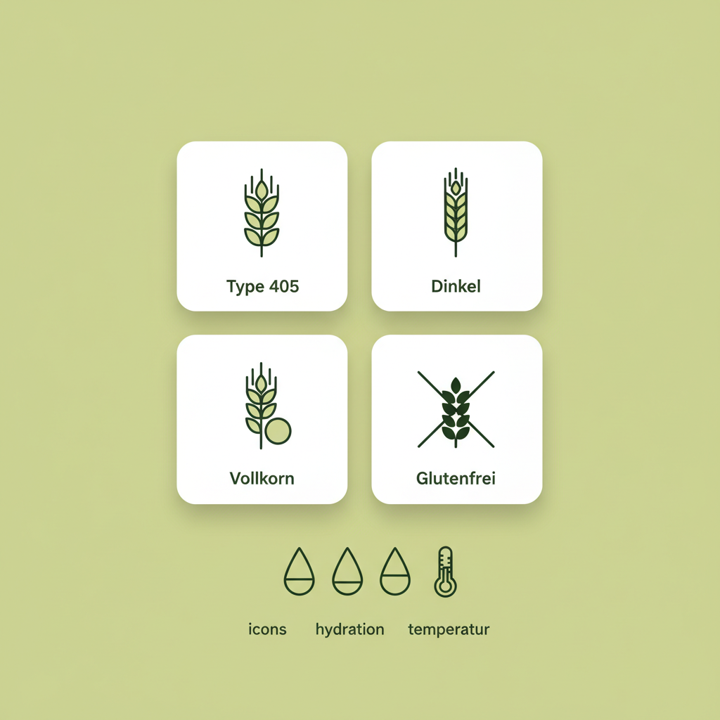 Minimalistische 2D-Vektor-Infografik zu Mehl für Kaiserschmarrn mit vier Icons (Type 405, Dinkel, Vollkorn, glutenfrei), Hydration-Tropfen und Thermometer in Markenfarben