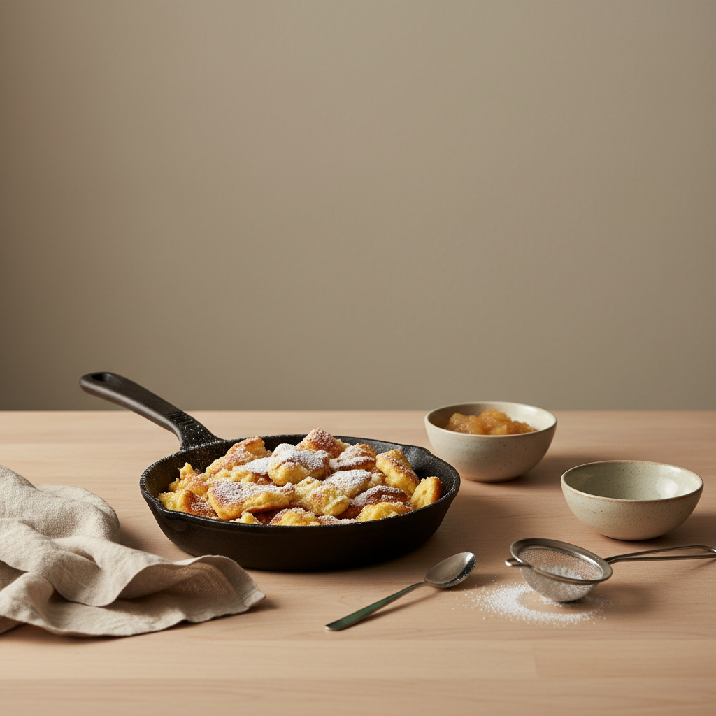 Pfanne mit goldenem Kaiserschmarrn auf hellem Hintergrund #dbdbcf, minimalistische Tischszene mit rustikalem Geschirr und grünen Akzenten – Mehl für Kaiserschmarrn