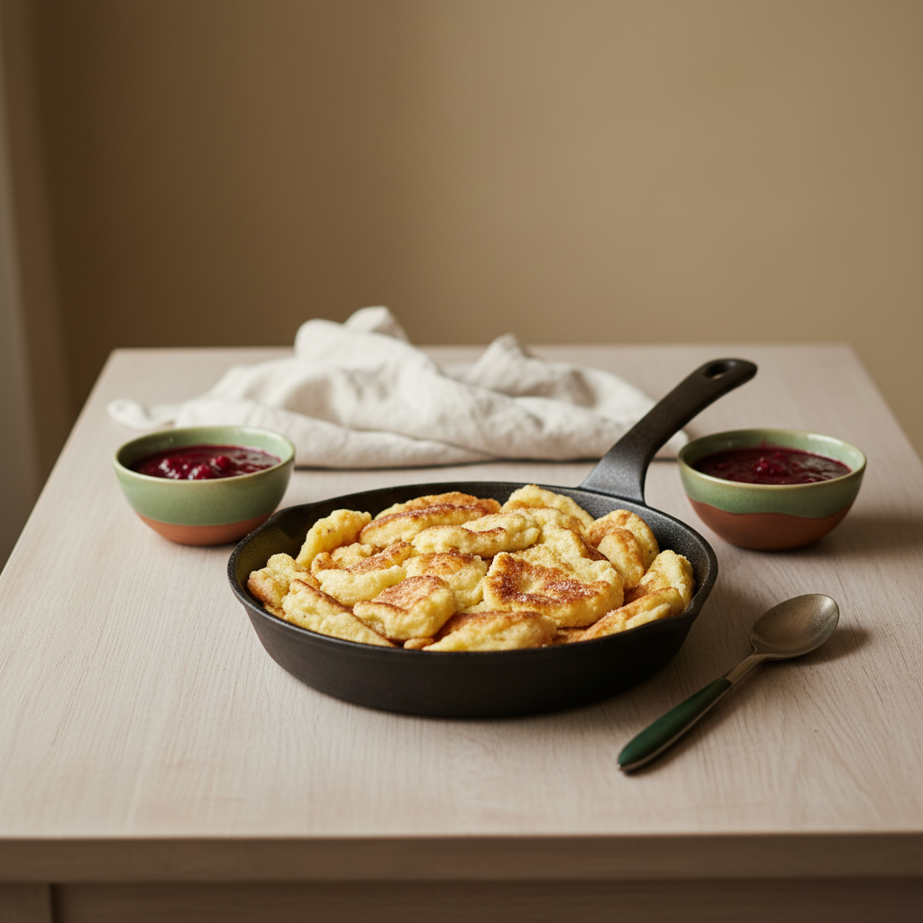 Nahaufnahme von goldbraunem Kaiserschmarrn in ofenfester Pfanne auf gedecktem Tisch mit Kompott‑Schälchen, warmes Licht und naturhafte Texturen, minimalistisches Ambiente