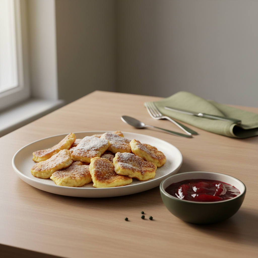 Teller mit goldbraunem Kaiserschmarrn, Puderzucker und Zwetschgenröster vor #dbdbcf Hintergrund – Welches Mehl verwendet man für Kaiserschmarrn?