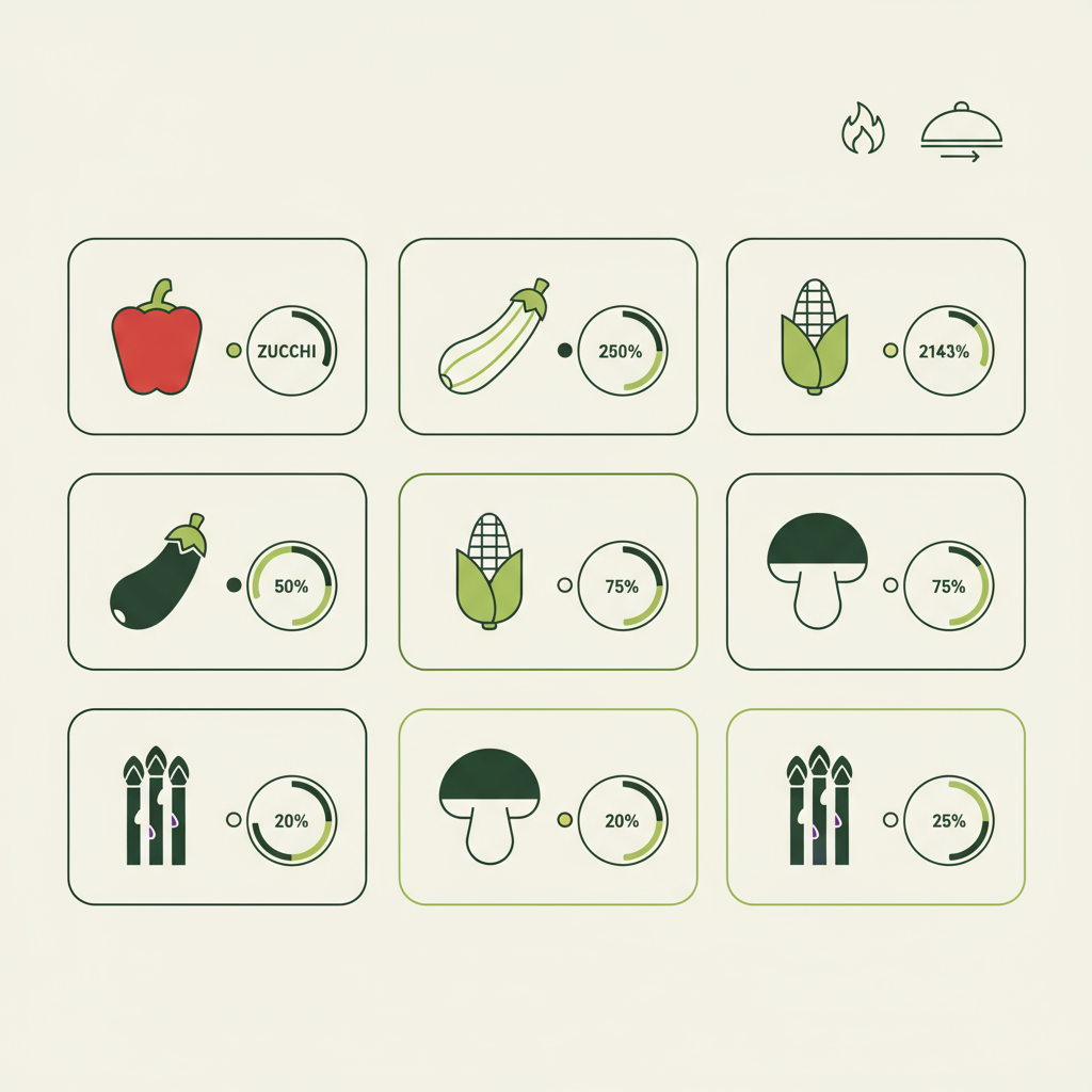 Minimalistische 2D-Vektor-Infografik zu Gemüse zum Grillen mit visuellen Garzeit-Ringen und Piktogrammen für direkte und indirekte Hitze, Markenfarben #dbdbcf/#a5cd8d/#21431f.
