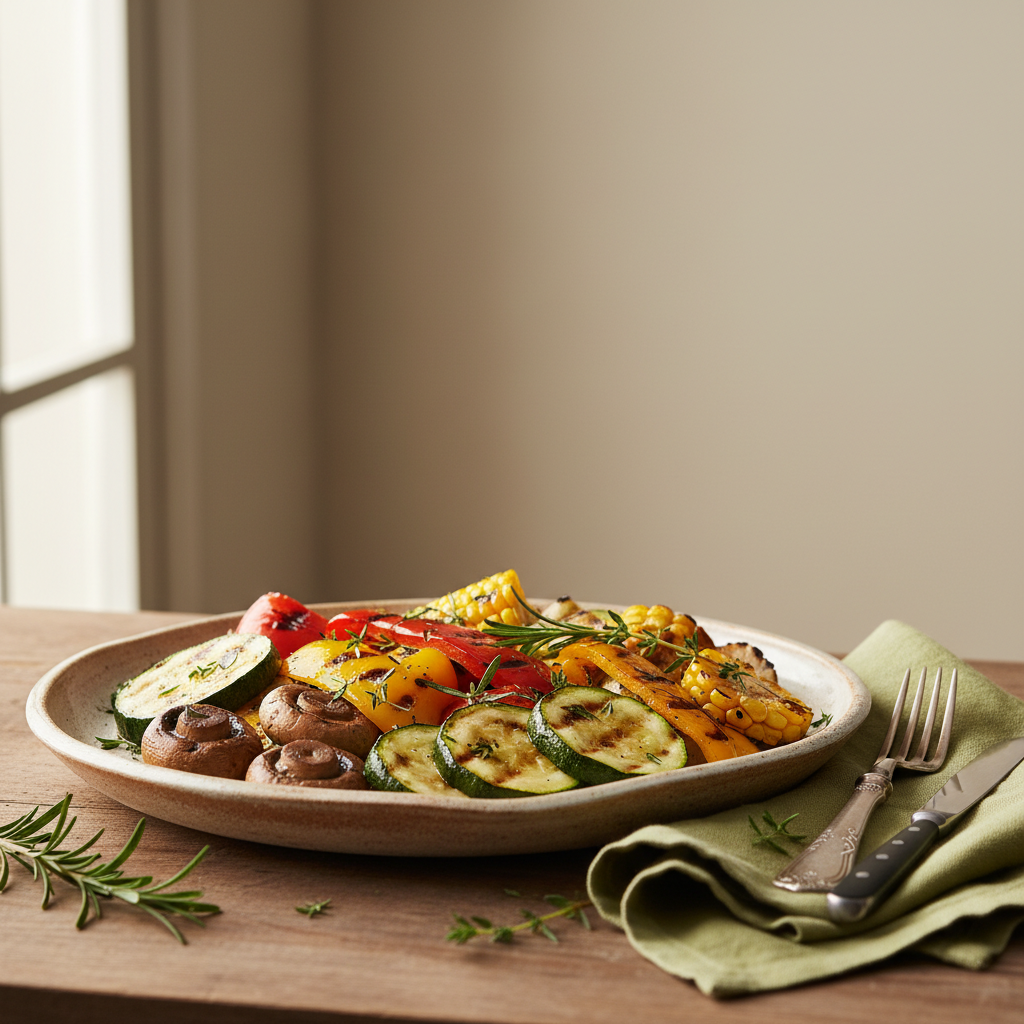 Nahaufnahme eines rustikalen Tellers mit gegrilltem Gemüse zum Grillen (Zucchini, Paprika, Champignons, Mais) vor einfarbigem Hintergrund #dbdbcf, warmes natürliches Licht, minimalistisches, europäisch-heimeliges Setup.