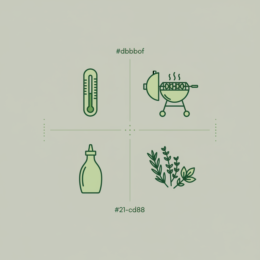 Minimalistische 2D-Vektor-Infografik mit Thermometer-, Indirekt-Grill-, Marinadenflaschen- und Kräuter-Icons in Markenfarben, passend zum Thema gesund grillen.