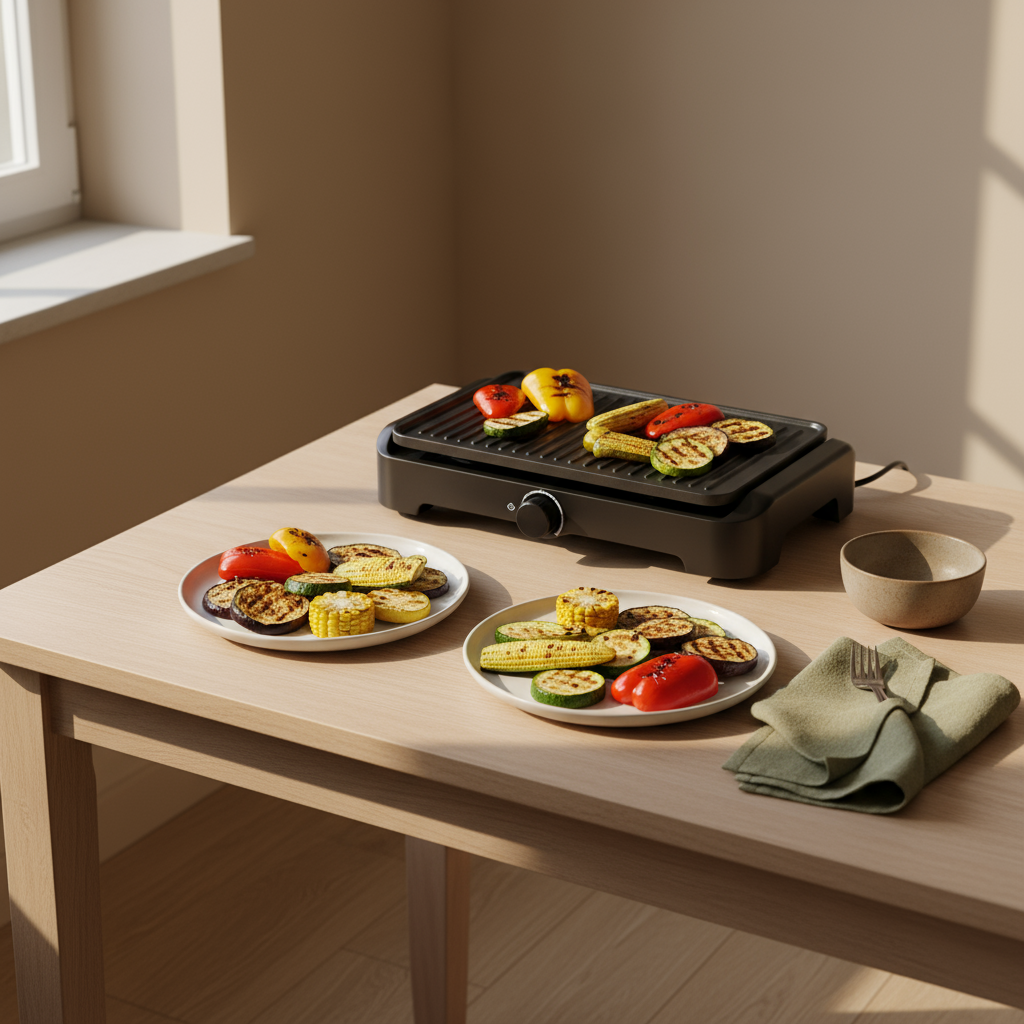 Gemütliche europäische Küche mit kleinem Tischgrill und gegrilltem Gemüse auf Tellern, minimalistisches Vollformatbild in Schnell Lecker Farben — Grill für Vegetarier.