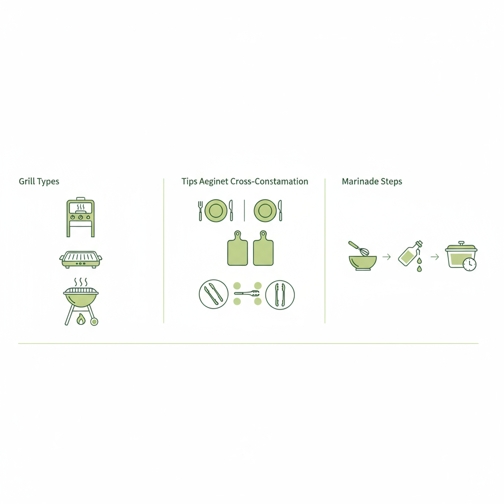 Minimalistische 2D-Vektor-Infografik zu Grill für Vegetarier mit Icons für Grilltypen, Tipps gegen Kreuzkontamination und Schritte zur Marinade in Farben #dbdbcf,#a5cd8d,#21431f