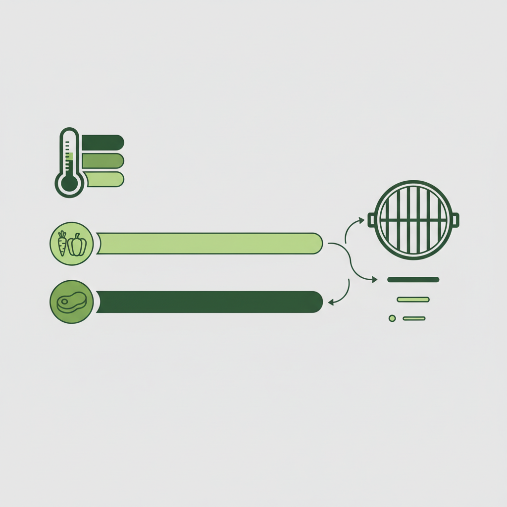 Was sollte man zuerst grillen: Minimalistische 2D-Vektor-Infografik zeigt Grill-Temperaturzonen und Zeitbalken für Gemüse vs. Fleisch in Markenfarben #dbdbcf, #a5cd8d, #21431f.