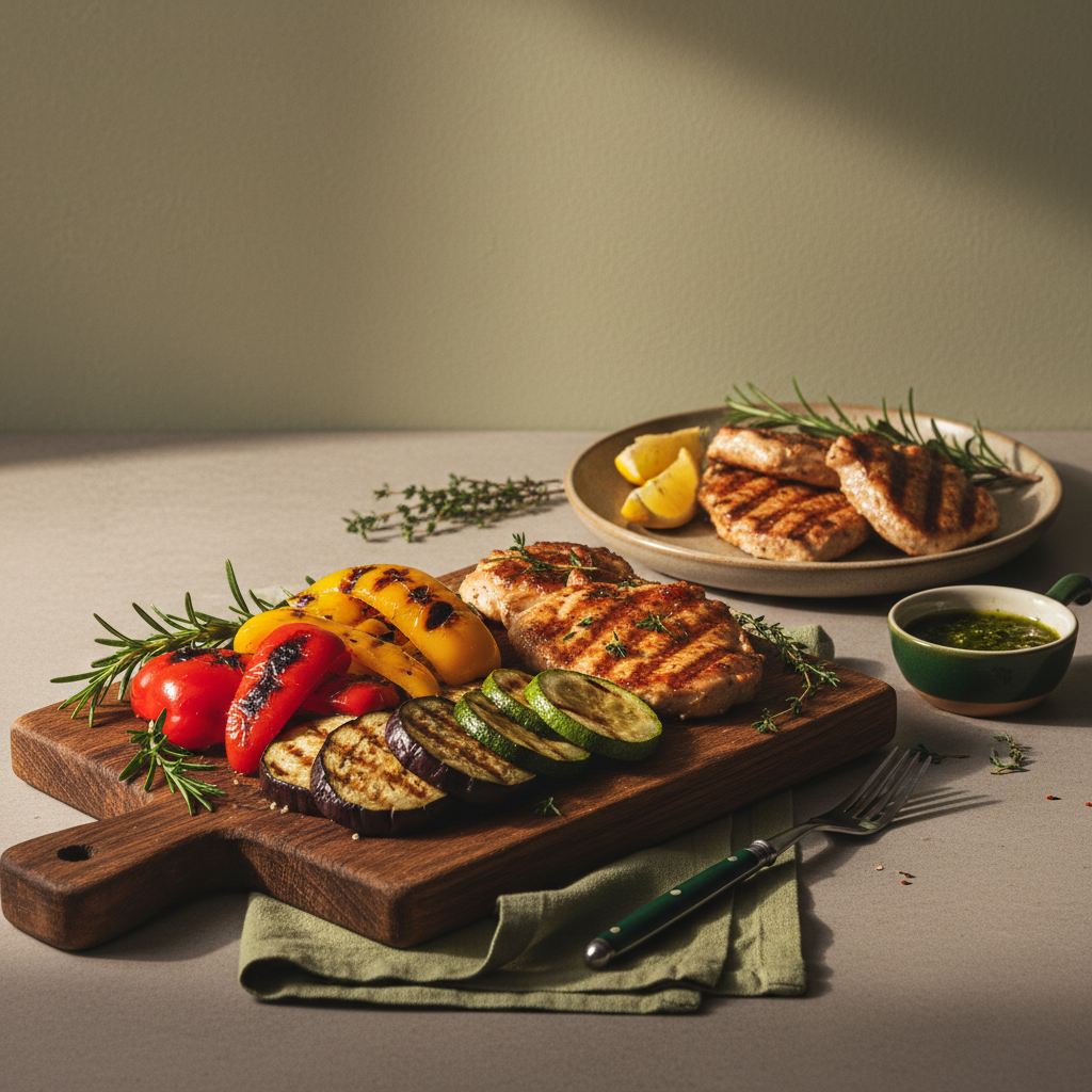 Was sollte man zuerst grillen: Vollformatfoto gegrilltes Gemüse und Fleisch auf Holzbrett, warme Küchenstimmung, Hintergrund #dbdbcf, Akzent #a5cd8d, minimalistisch