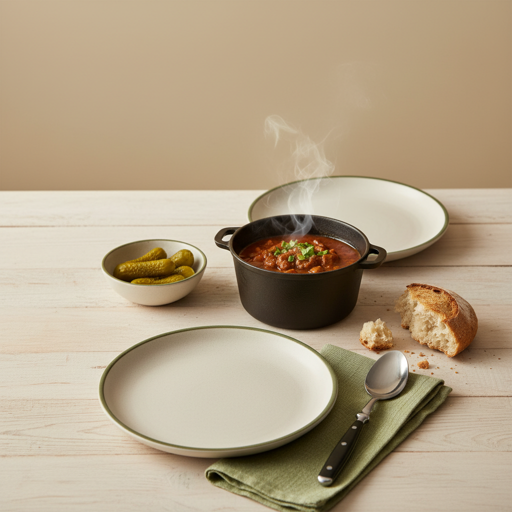 Heimelige, minimalistische Tischkomposition mit ungarisch-rumänischer Hausmannskost auf Hintergrund #dbdbcf, grüne Akzente #a5cd8d – Bild zum Artikel ekelhafteste Essen der Welt