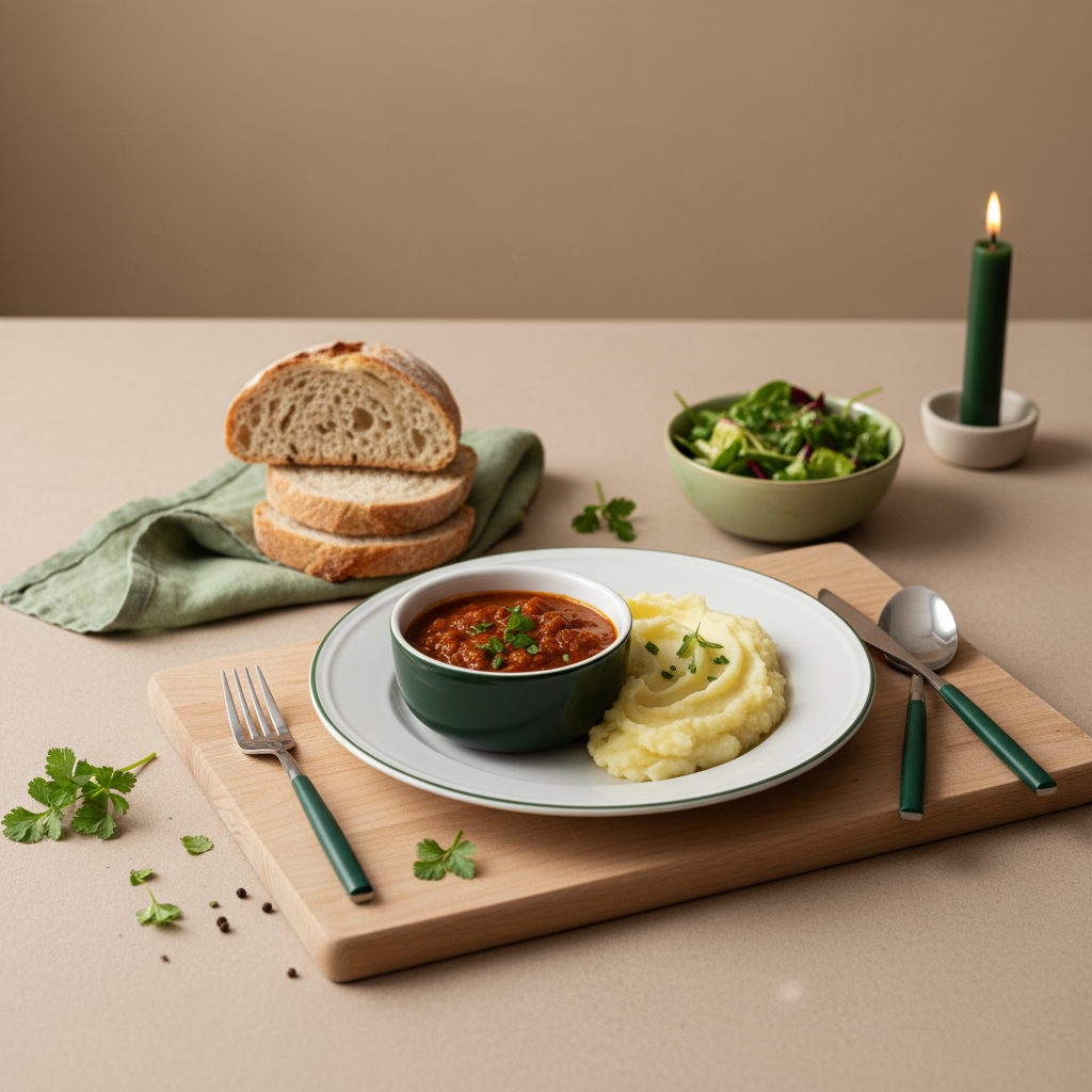 Minimalistisch gedeckter Esstisch mit hausgemachtem Mittagsgericht, warme Stimmung, Hintergrund #dbdbcf und Akzente #a5cd8d, dunkle Details #21431f – deutsche Mittagsgewohnheiten