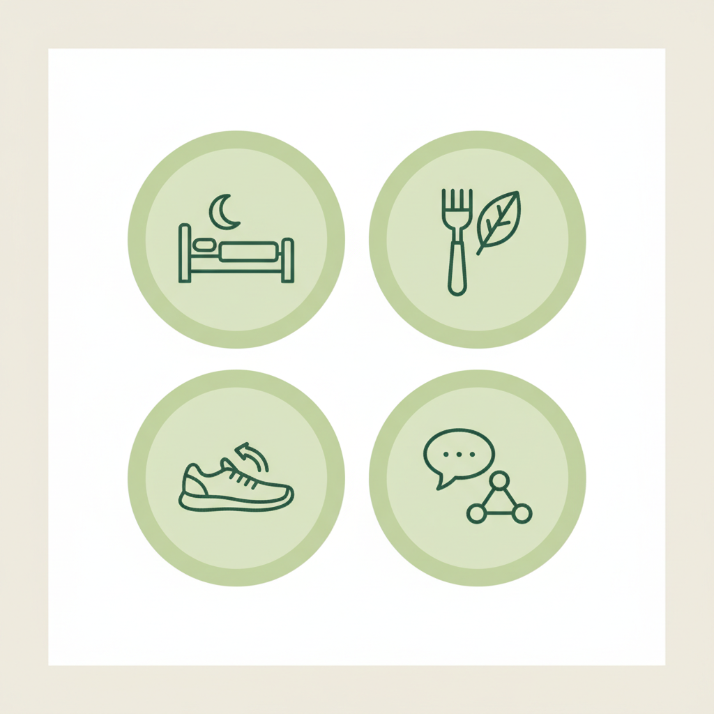 Minimalistische 2D-Vektor-Infografik mit Icons für Schlaf, Ernährung, Bewegung und soziale Kontakte auf Hintergrund #dbdbcf, Akzente #a5cd8d — gesund leben