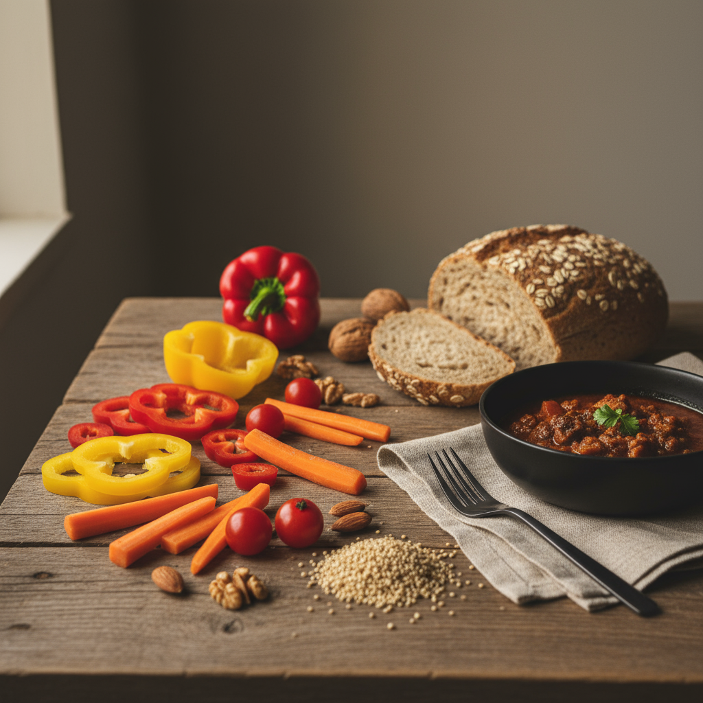 Nahaufnahme einer heimischen europäischen Mahlzeit mit buntem Gemüse, Vollkorn und Nüssen auf Holztisch bei warmem Licht, minimalistisches Styling, gesund leben