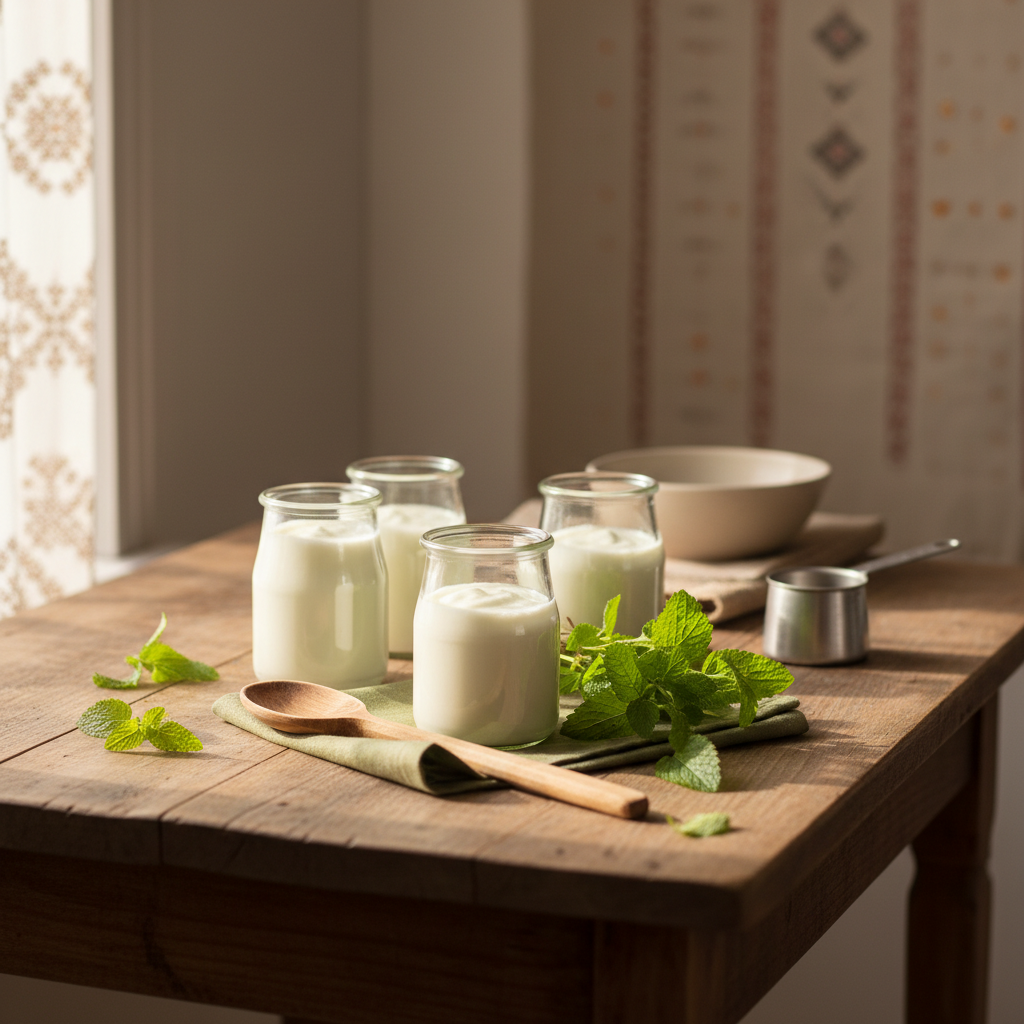 Close-up von Gläsern mit selbstgemachtem Naturjoghurt auf rustikalem Holztisch mit Holzlöffel, grünen Kräutern und kleinem Messbecher – Naturjoghurt selber machen