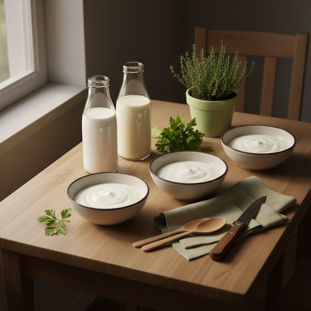 Milch für Joghurt: Realistisches, heimeliges Küchen-Stillleben mit Joghurt-Schalen, Glasflaschen mit Milch, Kräutern und Holzlöffeln vor Hintergrund #dbdbcf.