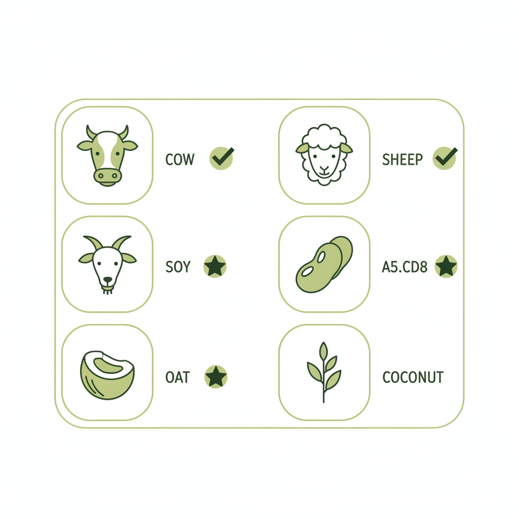 Minimalistische 2D-Vektor-Infografik zu Milch für Joghurt mit Icons für Kuh-, Schaf-, Ziegen-, Soja-, Hafer- und Kokosmilch und klaren Pro-/Con-Symbolen in Schnell-Lecker-Farben.