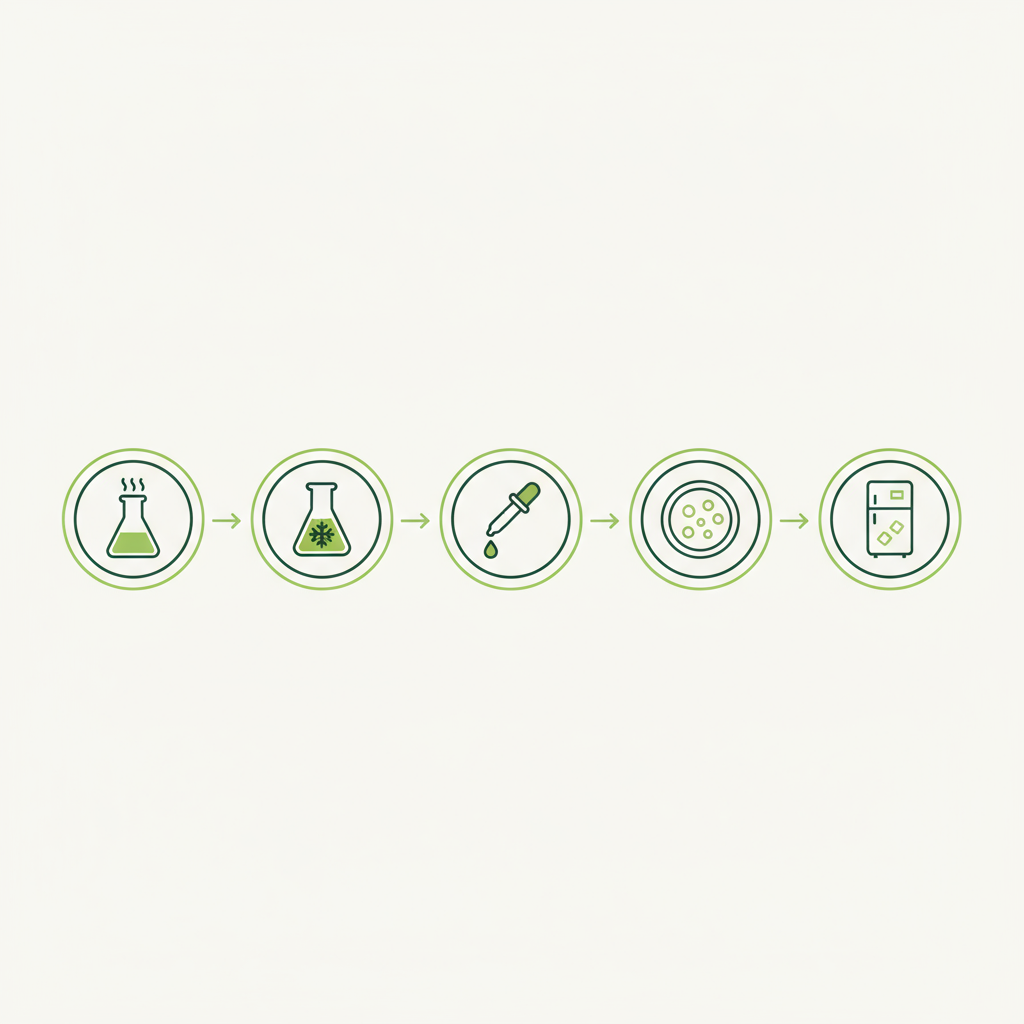 Minimalistische 2D-Vektor-Infografik für starterkultur mit fünf Icons (Erhitzen, Abkühlen, Impfen, Inkubieren, Kühlen) in Schnell Lecker Farben, kein Text.