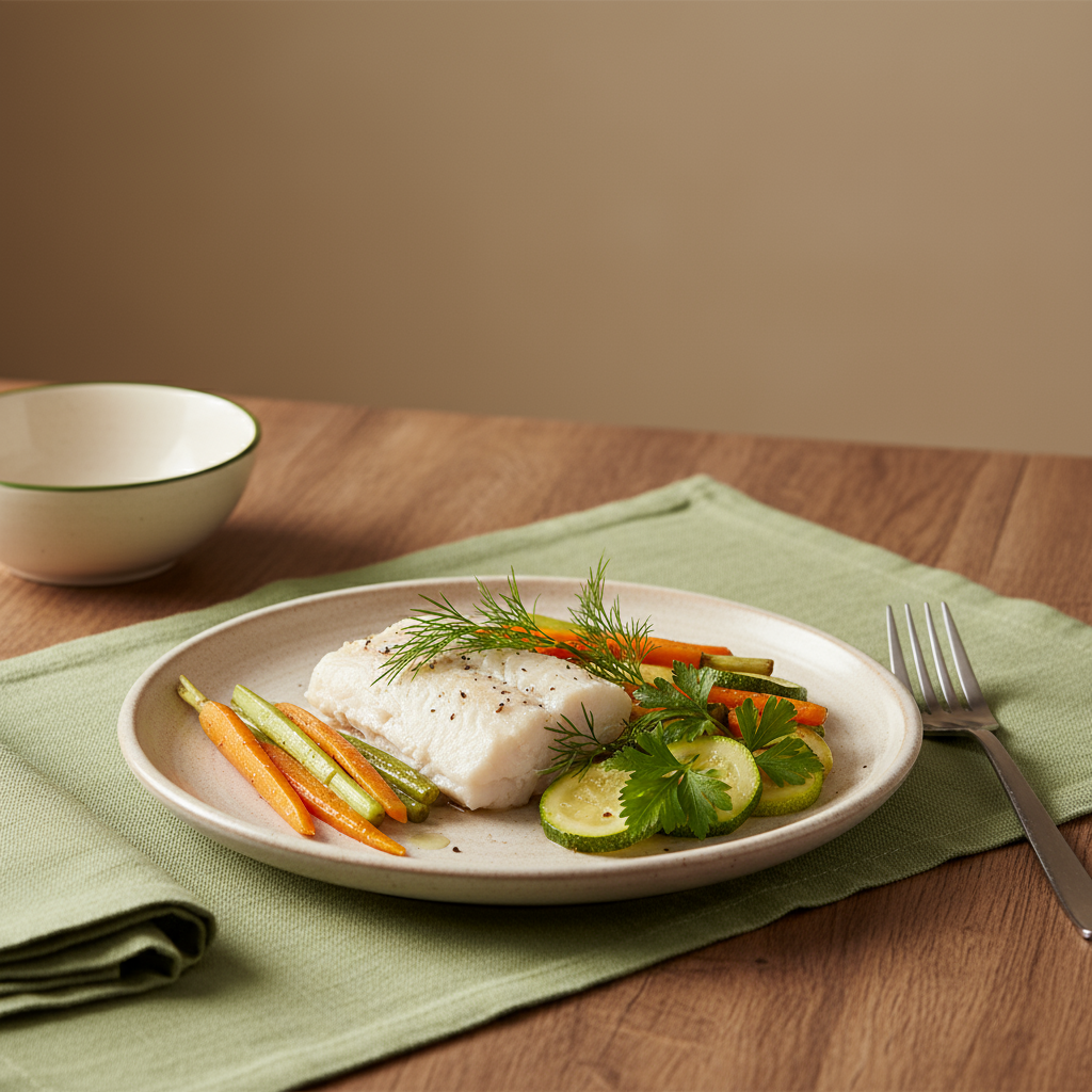 Was hilft sofort bei Sodbrennen – heimelige, minimalistische Küchenszene mit gedämpftem Fisch, gedünstetem Gemüse und frischen Kräutern vor Hintergrund #dbdbcf und Akzent #a5cd8d