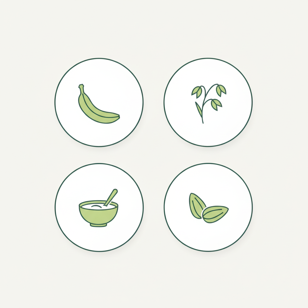 Minimalistische 2D-Vektor-Infografik mit Icons Banane, Hafer, Joghurt und Mandeln auf Markenfarben – Welches Lebensmittel neutralisiert Sodbrennen?