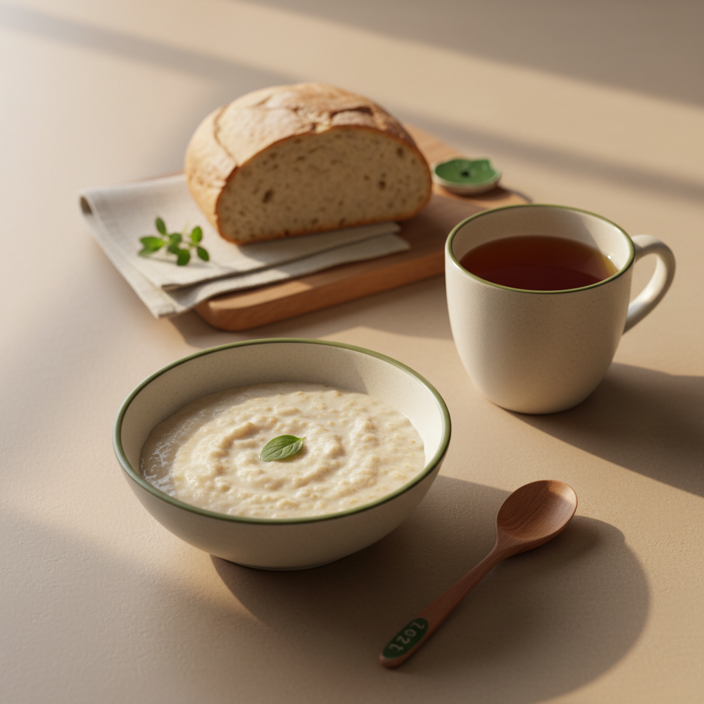 Minimalistisches Frühstück mit Haferbrei, Kräutertee und Brot auf hellem Hintergrund mit grünen Akzenten – Mittel gegen Sodbrennen