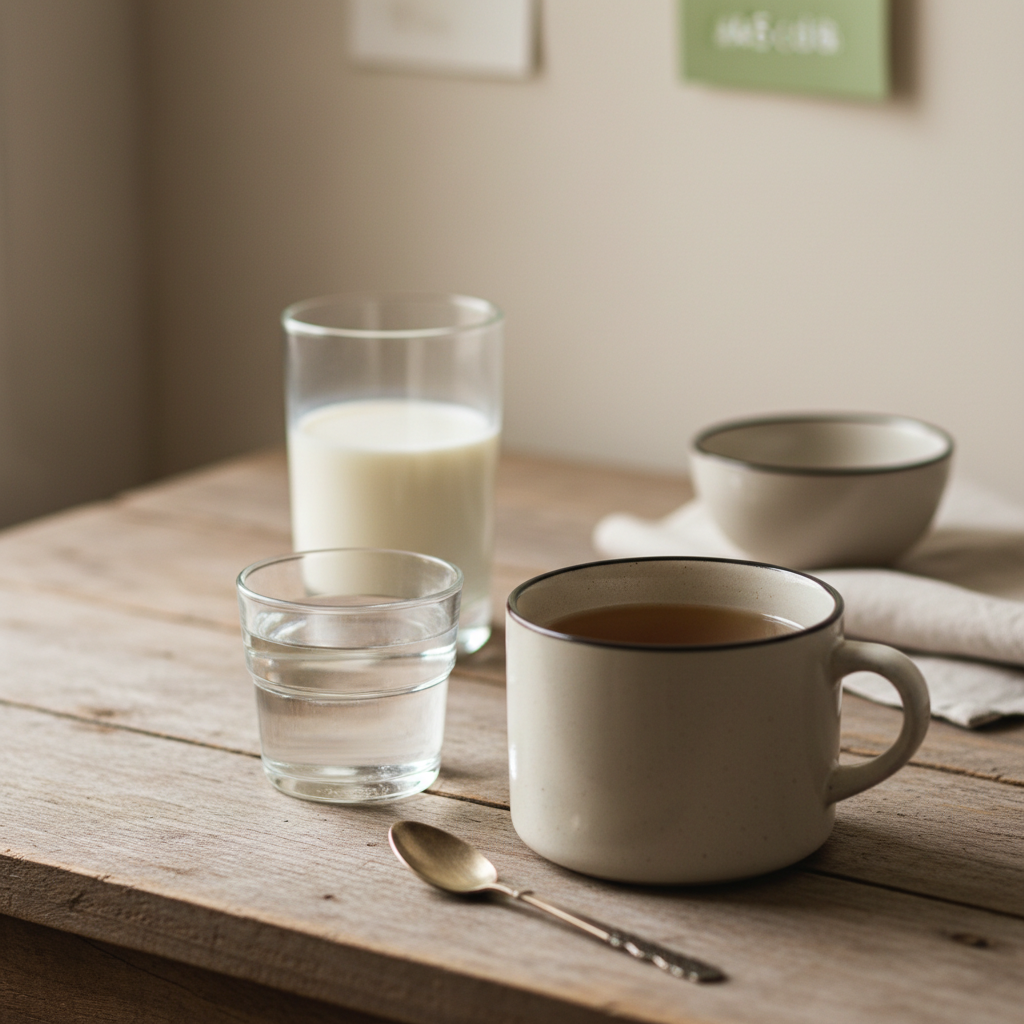 Nahaufnahme eines lauwarmen Kamillentees, eines Mandeldrinks und eines kleinen Glases Wasser auf rustikalem Holztisch in warmen Markenfarben, abends bei Sodbrennen trinken