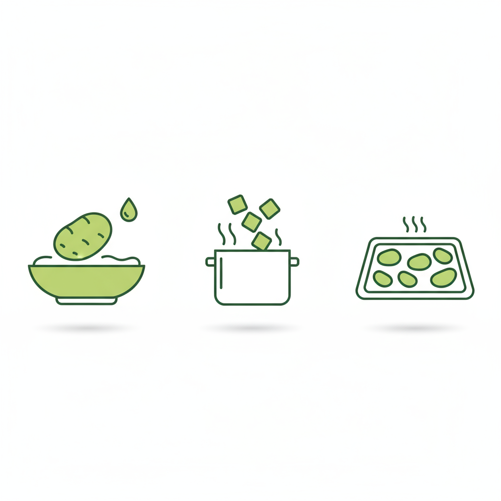 Infografik: Wann Kartoffeln ins Wasser geben – drei minimalistische Vektor-Icons: ganze Kartoffel in kaltem Wasser, gewürfelt im kochenden Topf, vorgekocht zum Braten