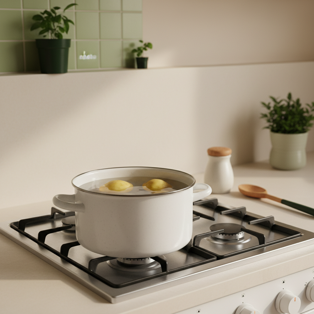 Wann Kartoffeln ins Wasser geben – Topf auf Herd mit halb eingetauchten Kartoffeln und Salzstreuer in warmer, minimalistischer europäischer Küche