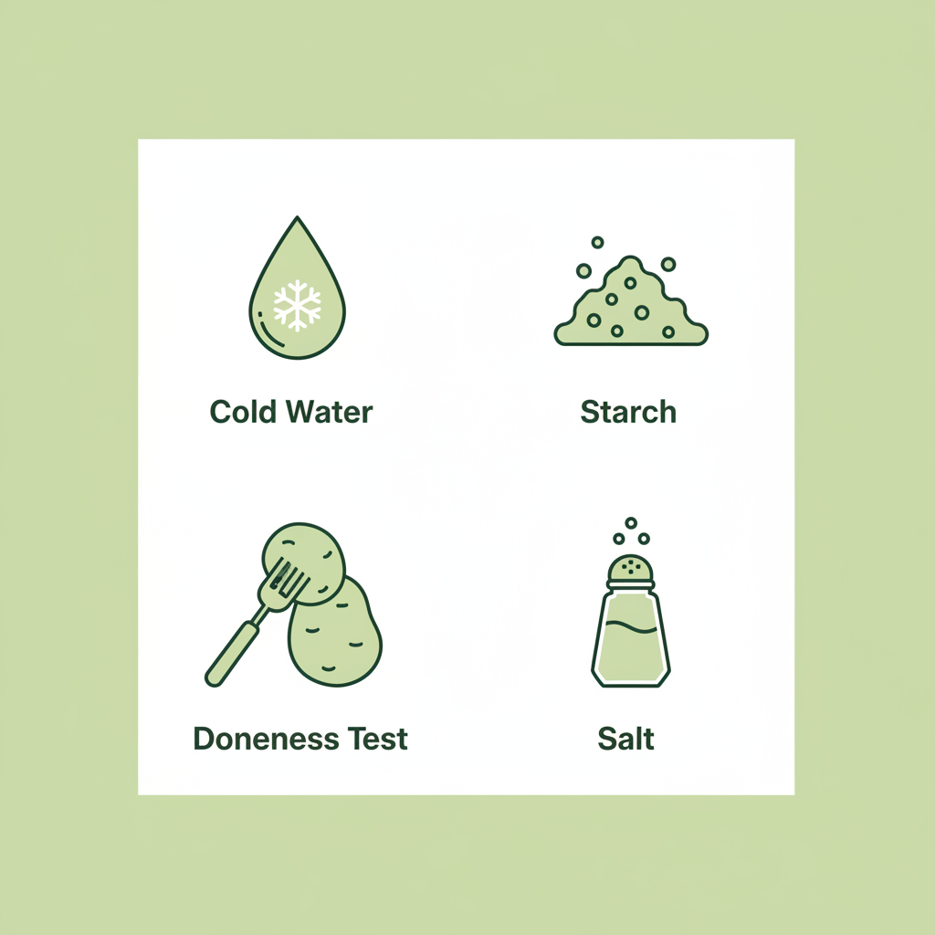 Minimalistische 2D-Vektor-Infografik mit vier Icons (kaltes Wasser, Stärke, Garprobe, Salz) in Schnell-Lecker-Farben zur Illustration von kartoffeln kochen