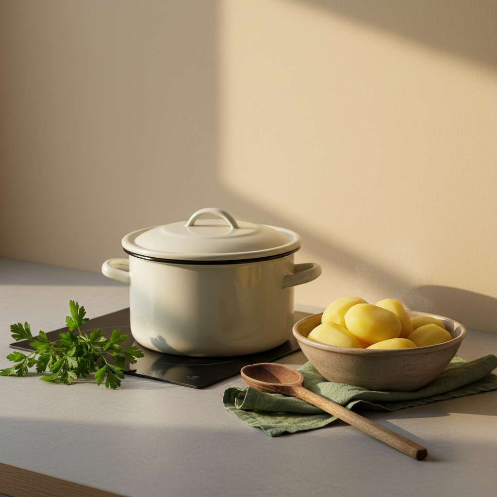 Wie lange Kartoffeln Kochen mit Deckel: Minimalistische Küchenaufnahme mit Topf auf dem Herd, Schüssel gekochter Kartoffeln, warme Beleuchtung, Hintergrund #dbdbcf
