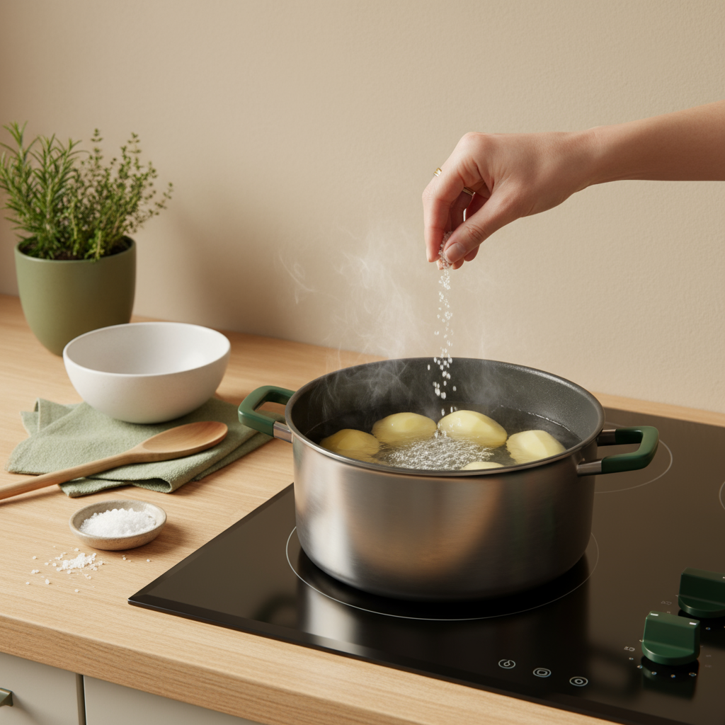 Wann kommt Salz ins Kartoffelwasser? Topf mit Kartoffeln auf Herd, Hand streut Salz, minimalistisches warmes Küchen-Setup im Schnell Lecker Farbstil mit Hintergrund #dbdbcf.
