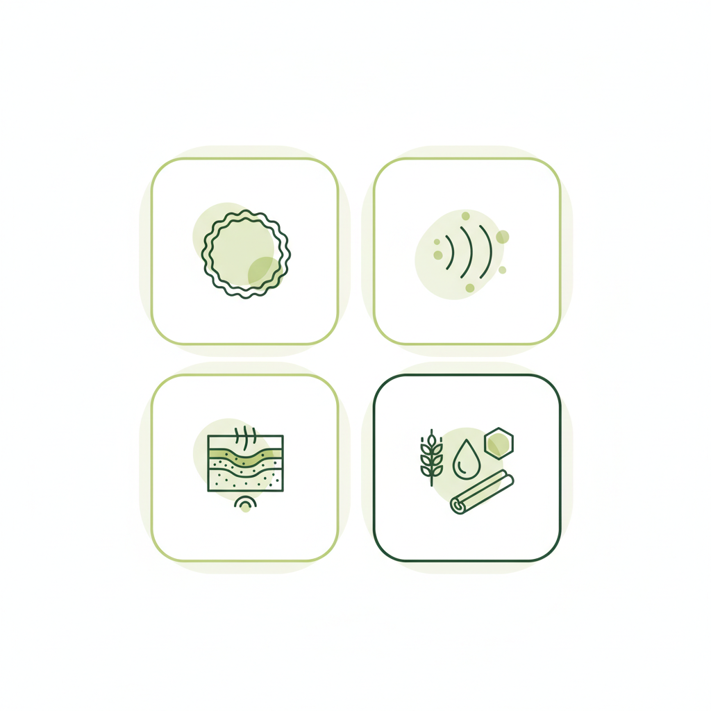 Minimalistische 2D-Vektorinfografik mit Icons zu Aussehen, Geruch, Textur und Zutaten von Nürnberger Lebkuchen in Schnell Lecker Markenfarben