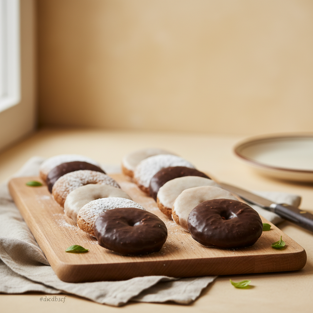Close-up von Nürnberger Lebkuchen (Elisen, glasierte, schokolierte) auf Holzbrett bei warmem Fensterlicht, geringe Tiefenschärfe, minimalistischer Hintergrund #dbdbcf