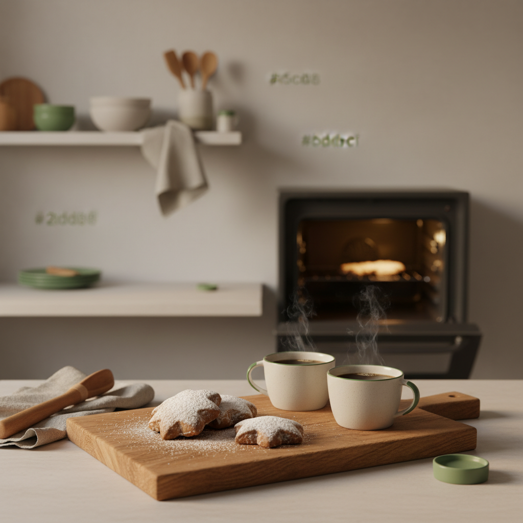 Reales Küchenszenario mit Nürnberger Lebkuchen auf Holzbrett, zwei Tassen Kaffee und offenem Ofen im Hintergrund, warmer minimalistischer Look, Hintergrund #dbdbcf