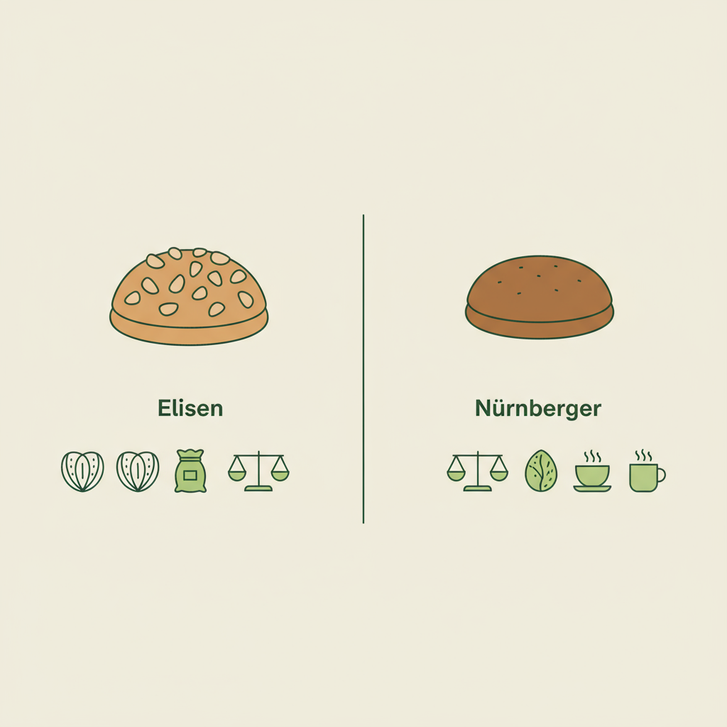 Minimalistische 2D-Vektor-Infografik zum Vergleich von Elisen und Nürnberger Lebkuchen mit Icons für Nuss, Mehl, Waage und Kaffee in Markenfarben.