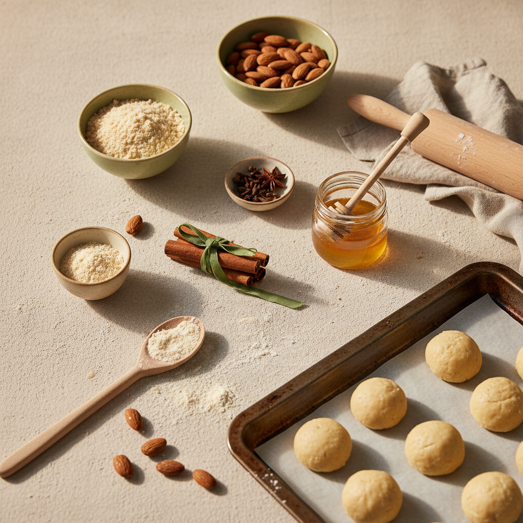 Full-Frame-Tabletop mit Zutaten für Elisenlebkuchen: Schalen mit ganzen und gemahlenen Mandeln, Honigglas, Zimtstangen, Gewürze, Nudelholz und rustikales Backblech mit rohen Keksen.