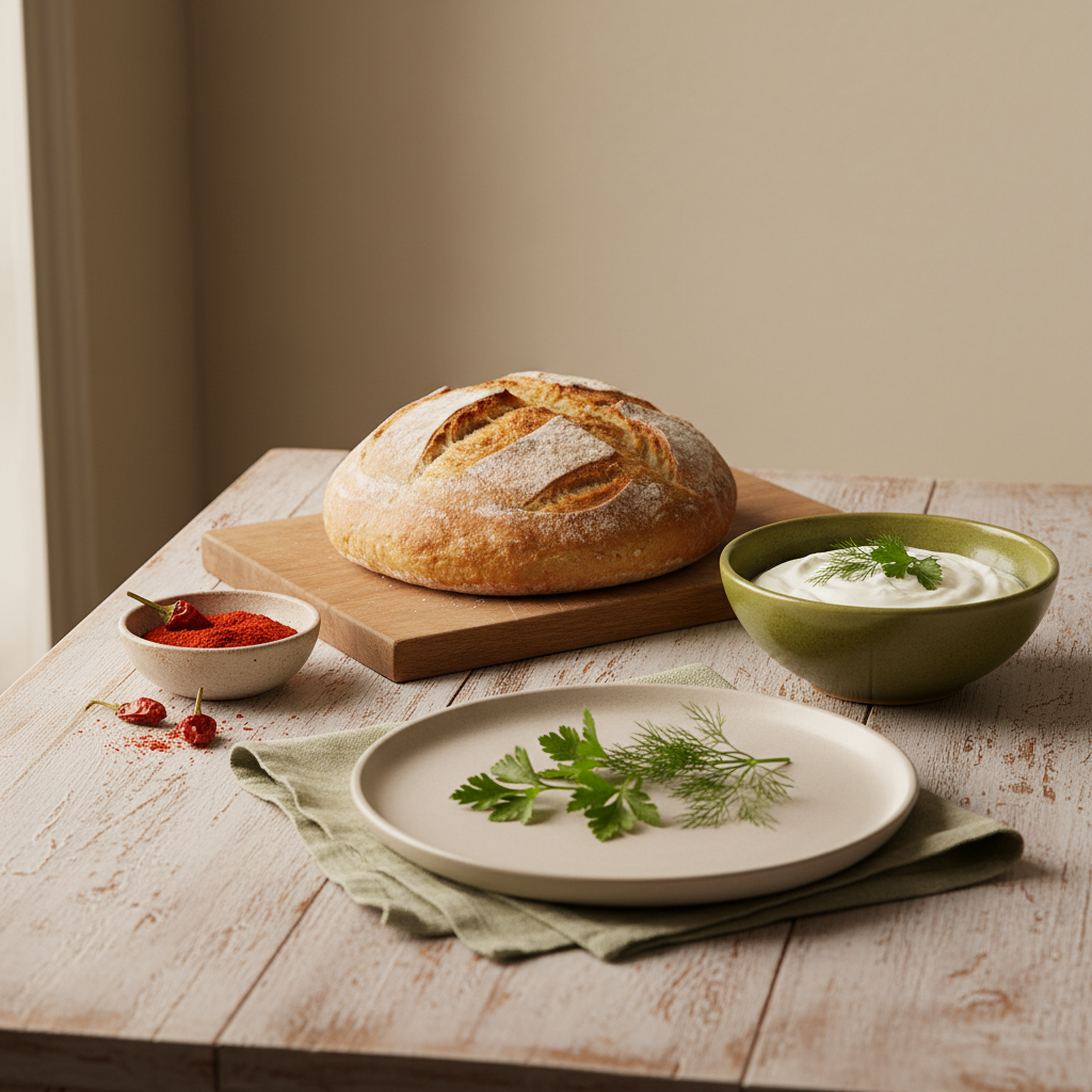 Fullframe-Küchentisch mit ungarisch-rumänischem Essen: Keramik, Holzbrett, frisches Brot und Kräuter in warmer, minimalistischer Schnell Lecker Ästhetik – Discounter Lebkuchen