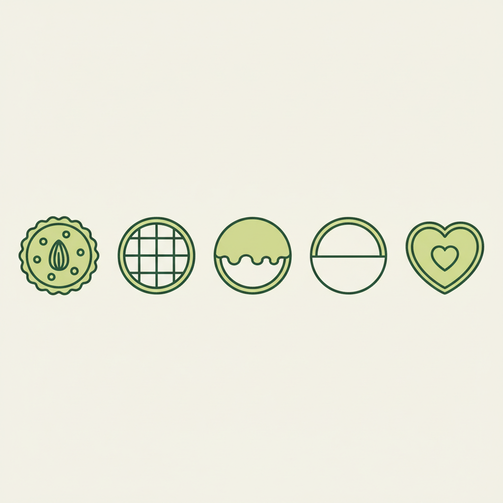 Minimalistische 2D-Vektor-Infografik mit fünf Icons zu Nürnberger Lebkuchen-Kategorien (Elisen, Oblaten, Glasur, Schoko, Herzen) in Schnell Lecker Farbpalette.