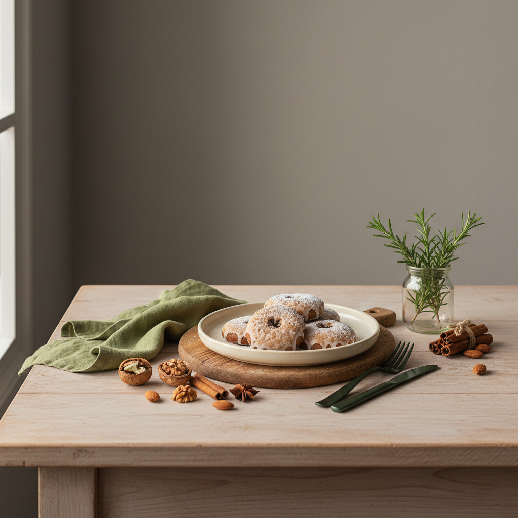 Vollbildaufnahme eines minimalistisch gedeckten Küchentischs mit Elisenlebkuchen, Nüssen und Gewürzen vor Hintergrund #dbdbcf und Akzentdetails in #a5cd8d