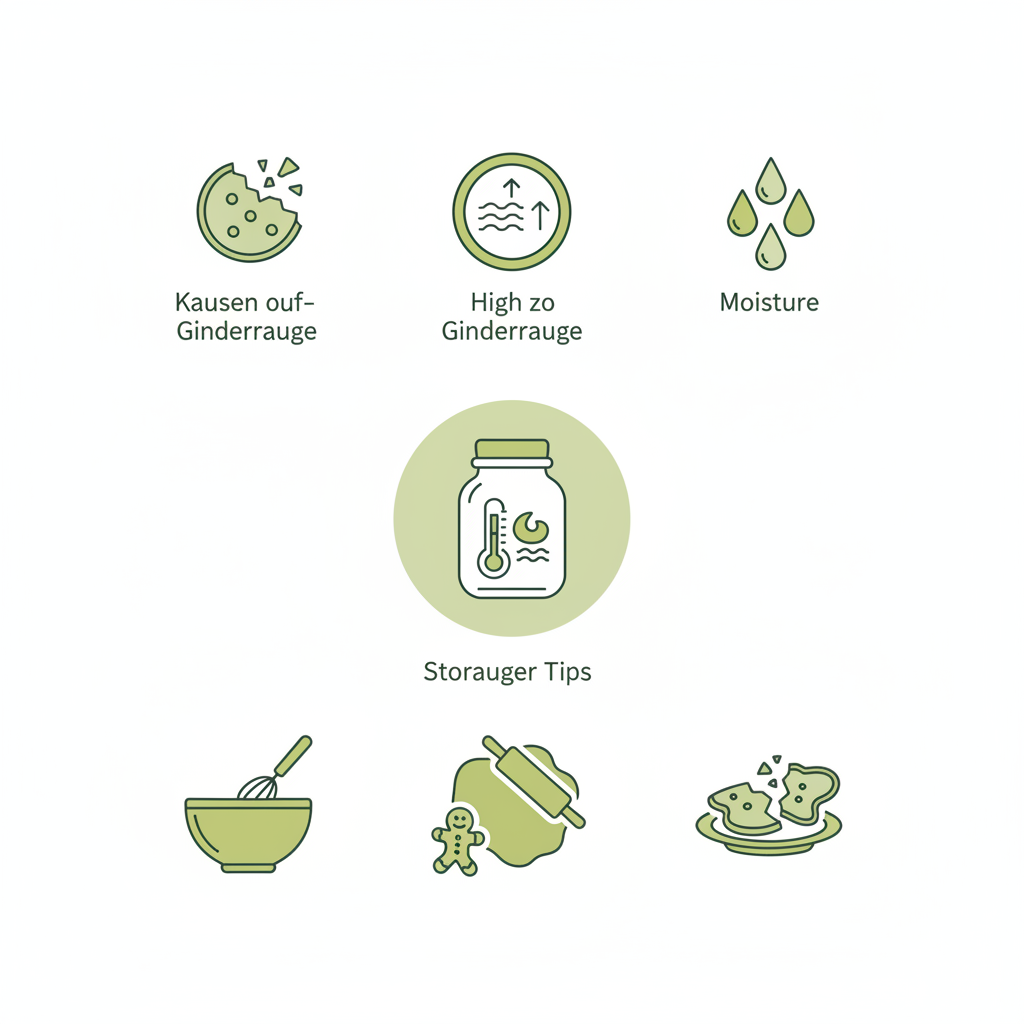 Minimalistische 2D-Vektor-Infografik zu Lebkuchenbruch: Ursachen, Lager-Tipps und drei Rezept-Icons in Schnell Lecker Farben