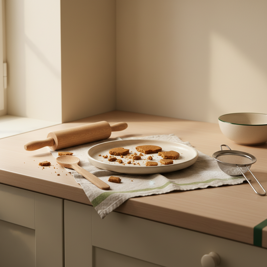Lebkuchenbruch auf schlichtem Teller in heimischer europäischer Küche, mit Backutensilien und warmem Fensterlicht vor #dbdbcf Hintergrund, dezente #a5cd8d Akzente
