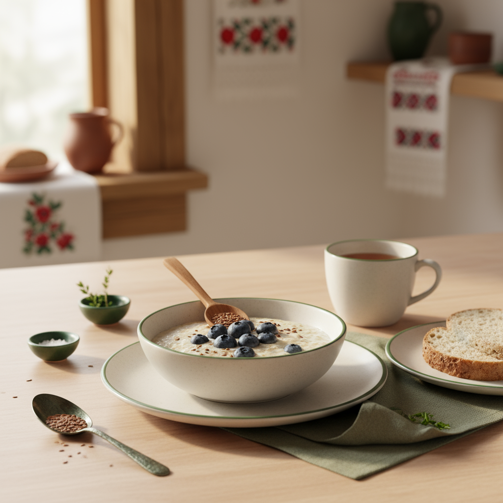 Nahaufnahme eines aufgeräumten Frühstücks mit ballaststoffreichen Lebensmitteln: Haferbrei mit Heidelbeeren, Leinsamen, Vollkornbrot und Tee im warmen Morgenlicht.