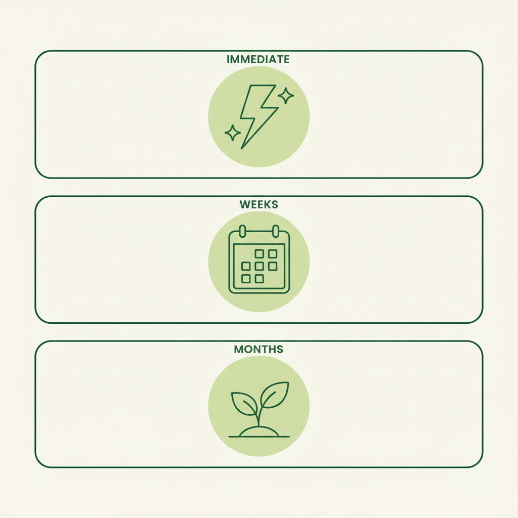 Minimalistische 2D-Vektor-Infografik mit drei Icons (Blitz, Kalender, Pflanzenspross) in Markenfarben, visualisiert Sofort-, Wochen- und Monats-Effekte; Was passiert wenn man aufhört zu rauchen