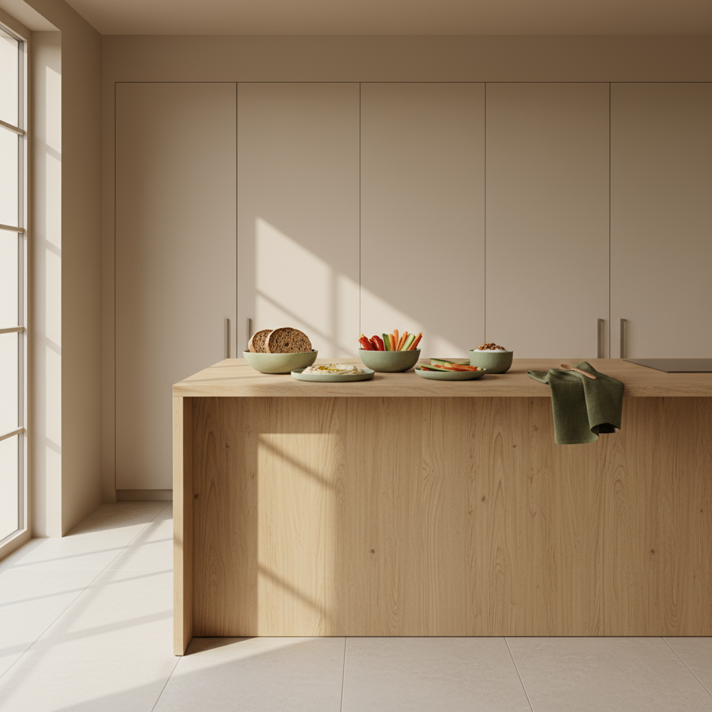 Was passiert wenn man aufhört zu rauchen — heimisches, minimalistisches Full-Frame-Küchenbild mit gesunden Snacks auf #dbdbcf Hintergrund und grünen Akzenten #a5cd8d