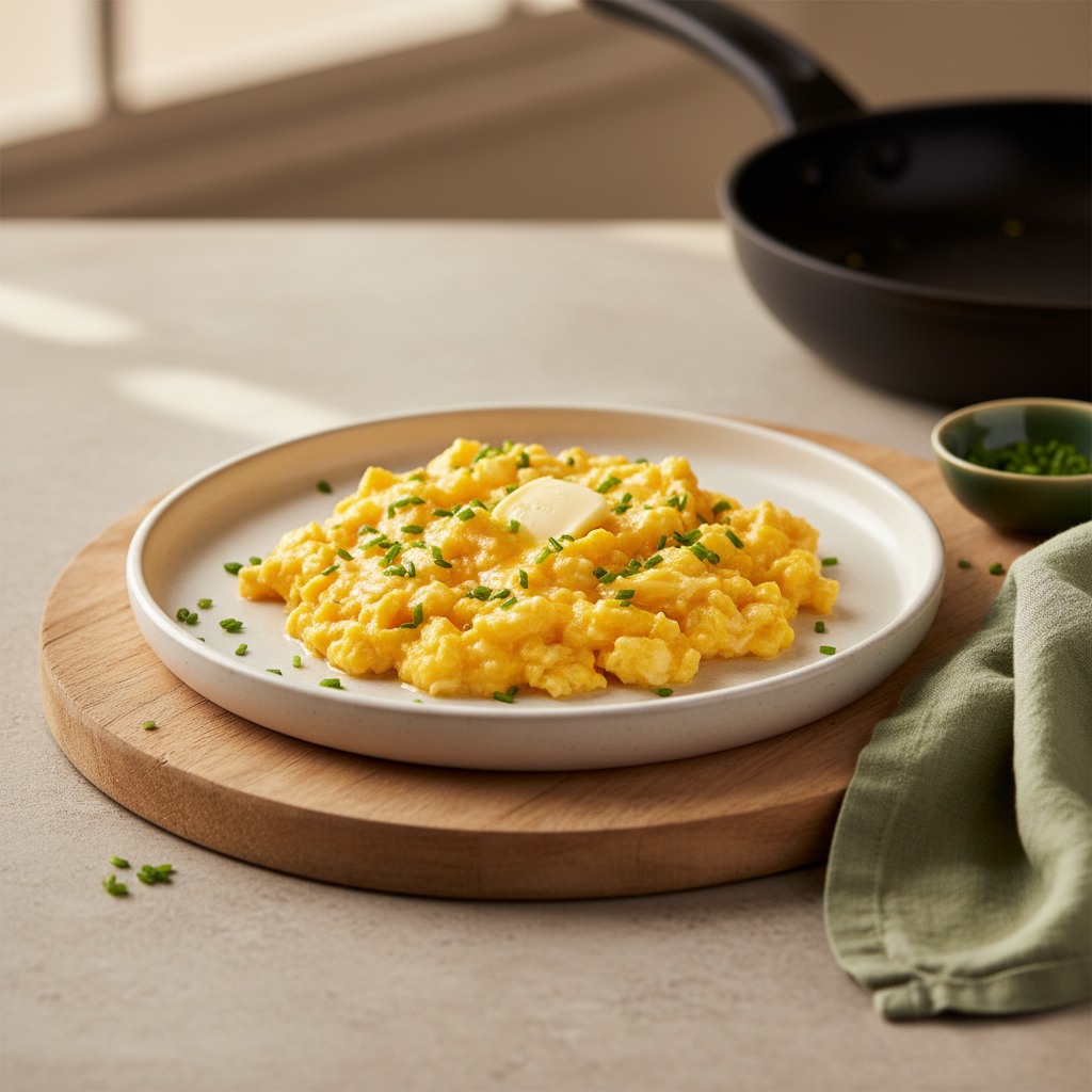 Frisches Rührei auf minimalistischem Teller mit Kräutern und Butter in warmer, europäischer Küche; dezente Markenfarben #dbdbcf und #a5cd8d integriert, Full Frame